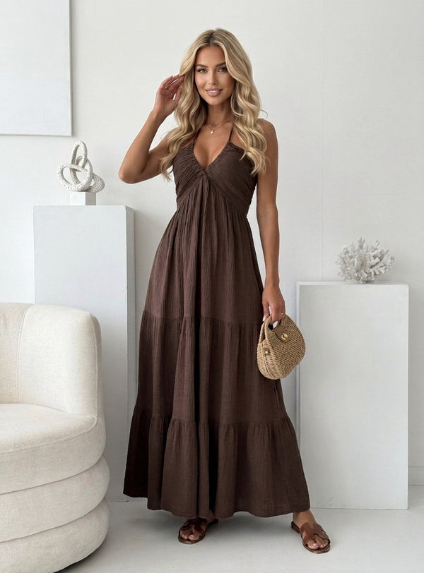 ROBE LONGUE EN COTON À ATTACHE AU COU