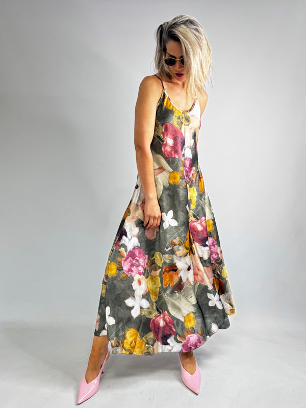 ROBE LONGUE SATINÉE À MOTIF FLEURS