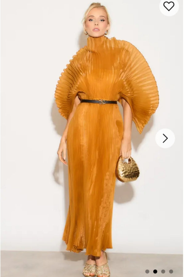 ROBE LONGUE PLISSÉE À COL MONTANT ET MANCHES SCULPTURALES